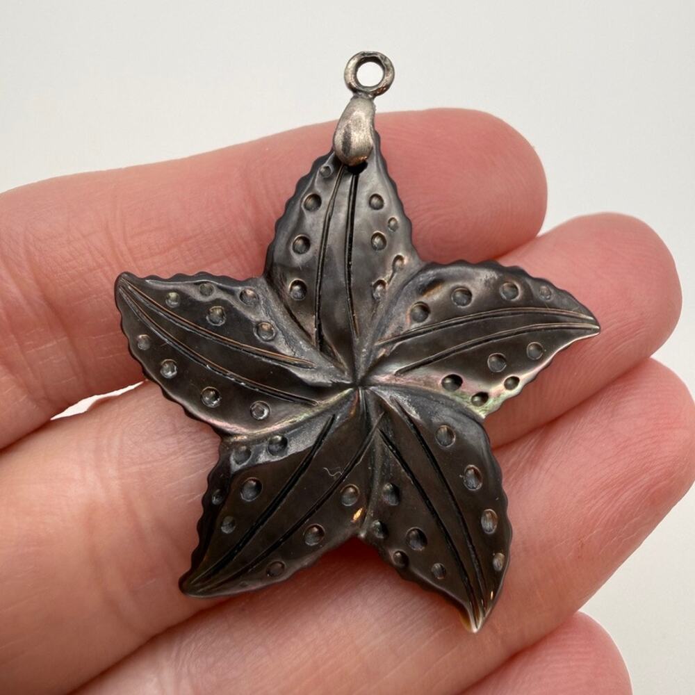 Vintage 925 Silver Abalone Mother of Pearl Starfish Carved Pendant Nautical